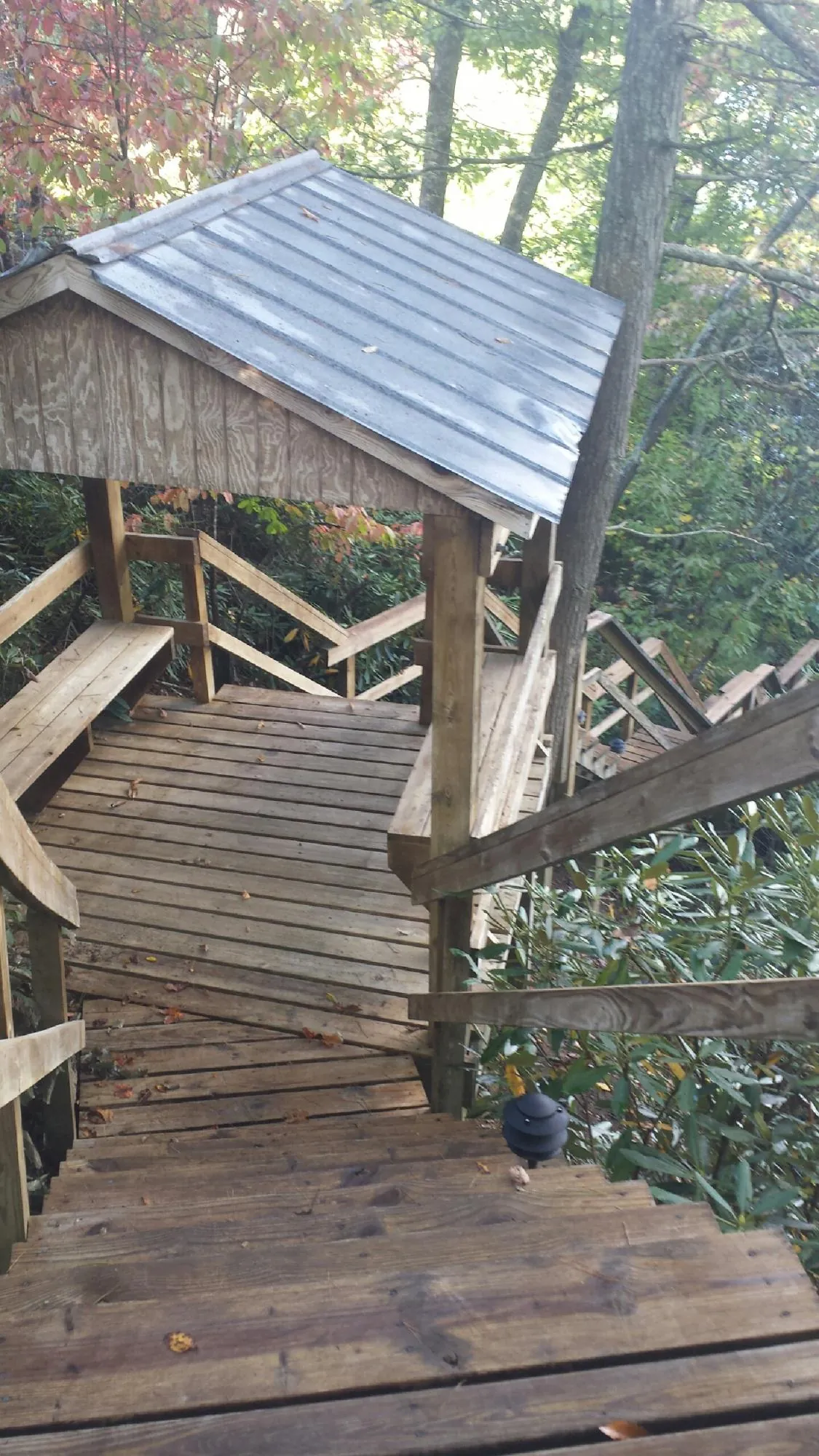 Metal roofed shelter over wooden steps on a wooded walkway — Skylight Repair & Installation work by our crew in Glen Campbell